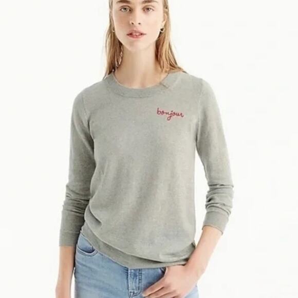 J Crew Wool Tippi Sweater Size XS Bonjour Embroidery Sleeve Multi Season Gray - Picture 1 of 5